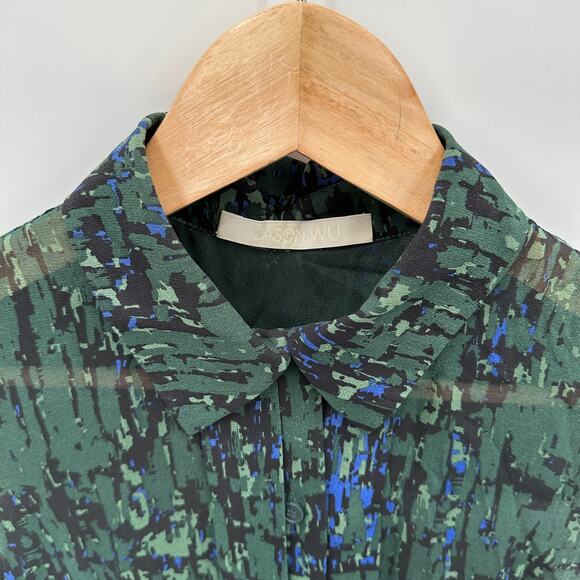 JASON WU 100% Silk Collared Green Print Button Up Sleeveless Blouse Top // 6 - Picture 3 of 11